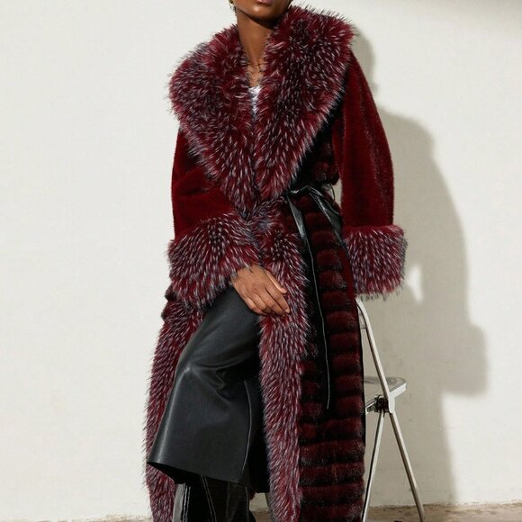 Burgundy Casual Slim Fit Women's Faux Fur Coat - Picture 1 of 7